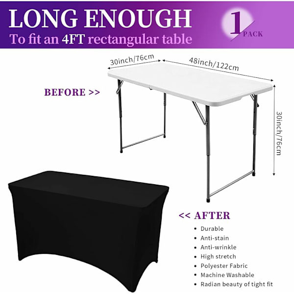 Svart polyesterduk rektangulær tilpasset duk 4ft stram duk rektangel spandex stretch duk bryllup bankettfest cocktailbar håndverksshow DJ duk, svart