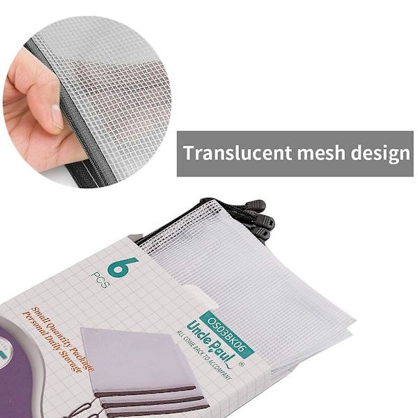 6 stk. Mesh lynlåsposer - Lynlås dokumentmapper/vandtætte dokumentmapper/plastmapper/dokumentmapper til skolekørsel