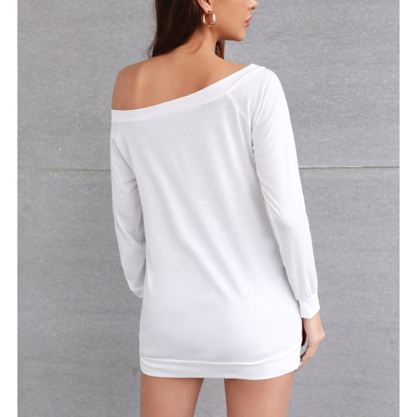 Dame Off Shoulder Topp Langermet Ensfarget Genser Elastisk Løs Skjorte Topp for Daglig Fest Arbeid (HvitL) White L