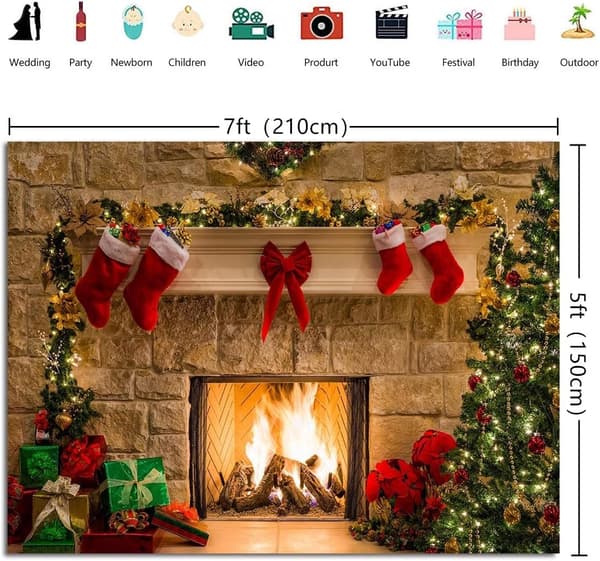 (7x5FT) Jul Bakgrund Kamin Julgran Presentaskar Tema B