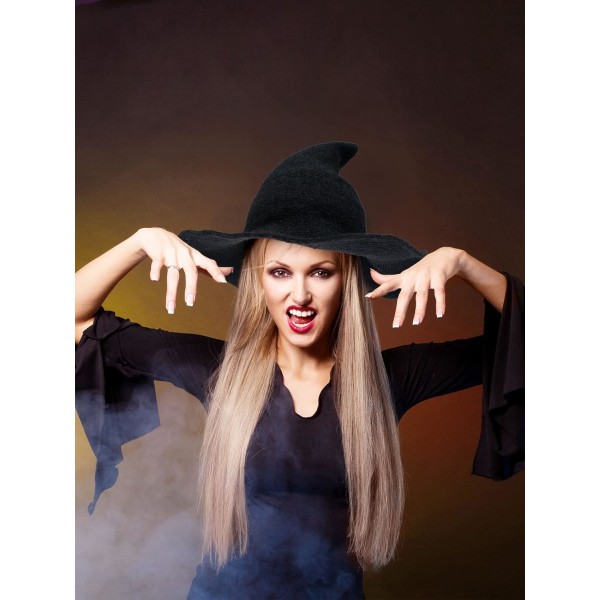 Halloween heksehat uld strik heksehat troldmandshat stor skygge hæklet hat til kvinder Halloween fest cosplay kostume tilbehør - Lysegrå
