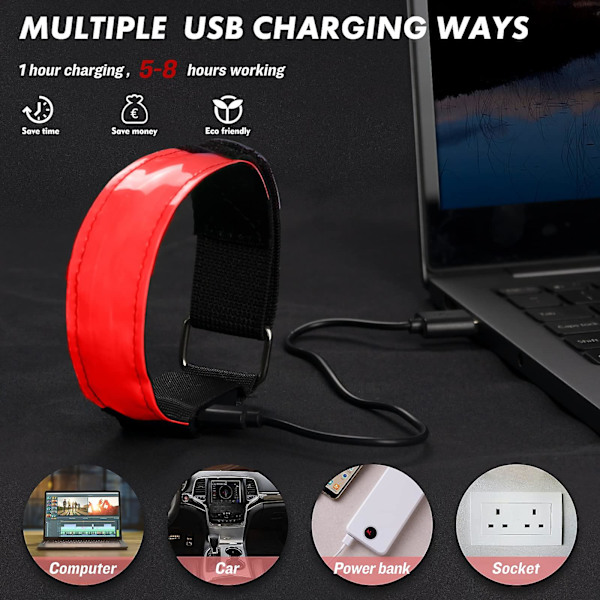 2 st återuppladdningsbara LED-armband | Hög synlighet LED-löparlampor för löpare | Reflekterande löparväxel Lyser upp armband（Röd）