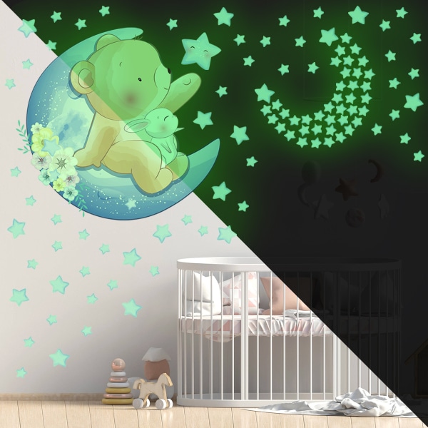 Bear Moon Star Glow Wall Sticker Cartoon Animals Nursery Room Bed