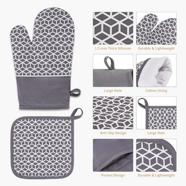 Set med 4 ugnsvantar, ugnsvantar med halkfri silikondesign, ugnsvantar