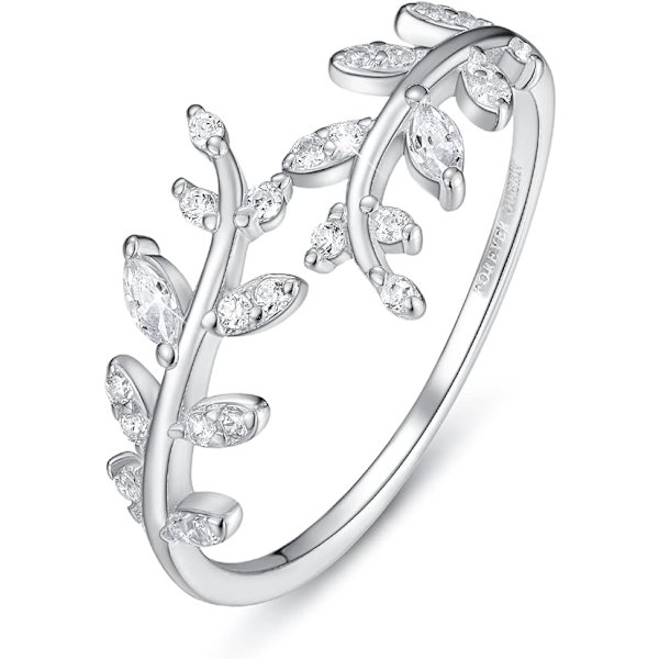 Bladring för kvinnor Justerbar 925 Sterling Silver Ring Fashion Ringar för kvinnor Olivblad Ring，Olivblad Justerbar Ring-Vitguld