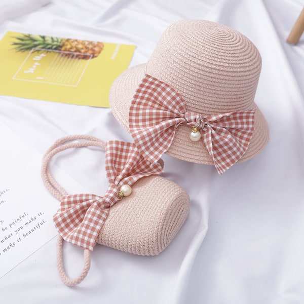 Flickor Halmhattar och Liten Väska Set med Rosett Dekoration Barn Sommar Solhatt för Strand Resa Vandring