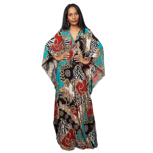 Kvinnors tryckta maxiklänning fladdermusärm strandklänning plus size solklänning strandkläder kaftan överdrag Dn0522