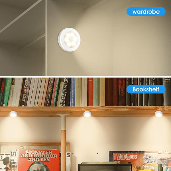 Pakke med 6 LED-klebelys, bevegelsessensor LED-lys med magnet