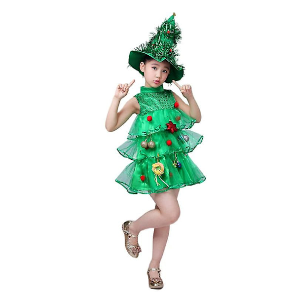 Tyttöjen joulukuusiasu, lasten cosplay-asu, mekko hatulla, syntymäpäivänäytös (150 cm)