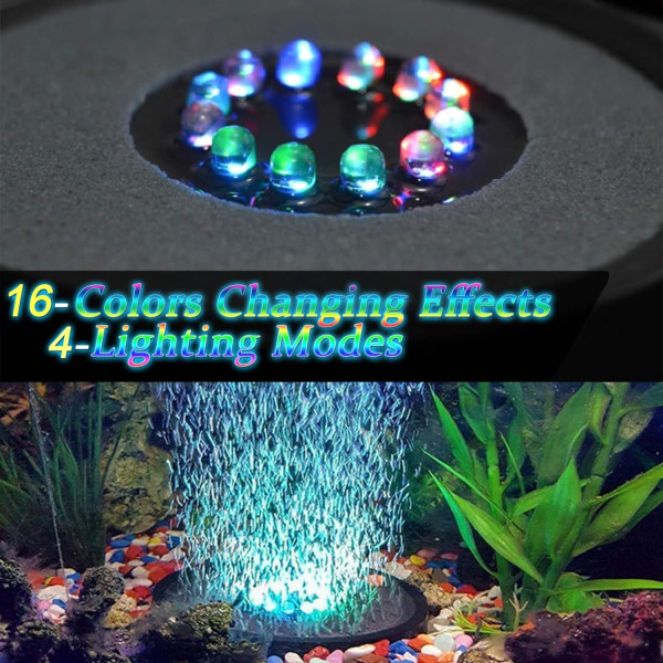 Akvarium LED-boblelys, fjernkontroll luftstensskive, med 16 fargeendringer, 4 lyseffekter for akvariedekorasjoner