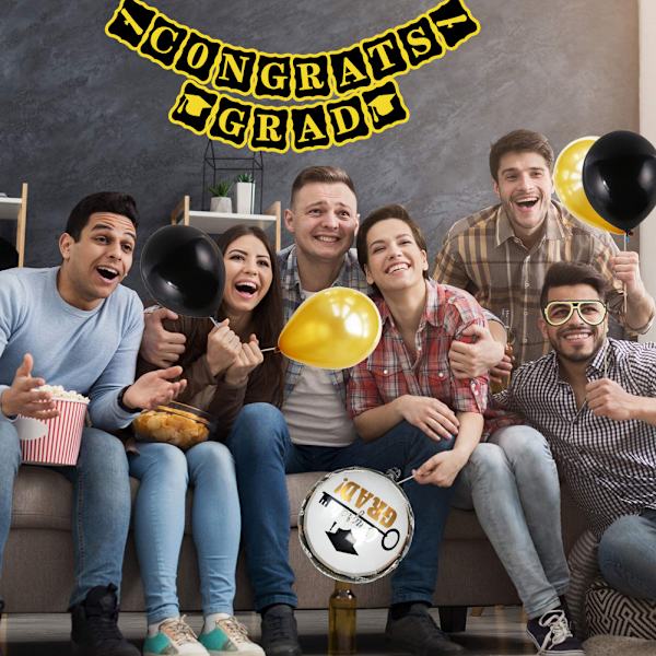 Dekorasjoner for graduering - Svart og gull - Gratulerer med dagen-bannere - Silkepapirpomponer - Hengende dekorasjoner - Hvirvlende trekantbanner - Girlander - Ballonger