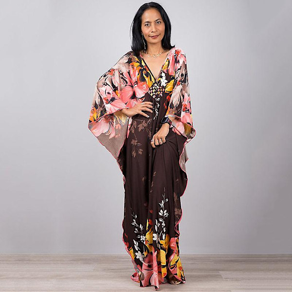 Kvinnors tryckta maxiklänning fladdermusärm strandklänning plus size solklänning strandkläder kaftan cover-ups Dn0506