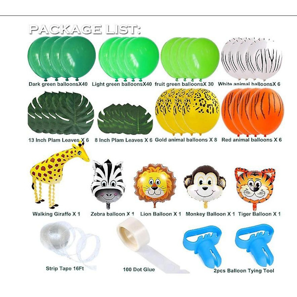 Jungle Vilde Dyr Ballon Garland Arch Kit, Jungle Dyr Tema Fest Balloner Til Fødselsdagsfest Dekoration 151 Pcs