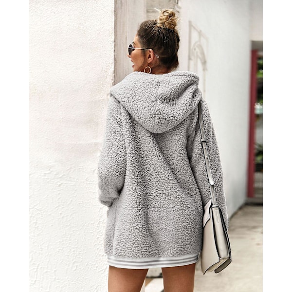 Kvinnors Oversize Fleece Plyschjacka Långärmad Cardigan Ytterkläder Teddyjacka（M Grå）