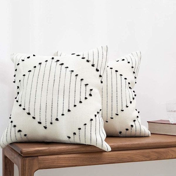 Bohemisk stil fransad vävd kuddfodral - Vit/grå, 40 cm, C