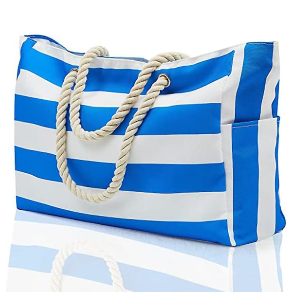 Outdoor Stripe Stor oppbevaringsveske, motebomull håndholdt strandveske Stor kapasitet reiseveske Shoppingbag（Blå 2）