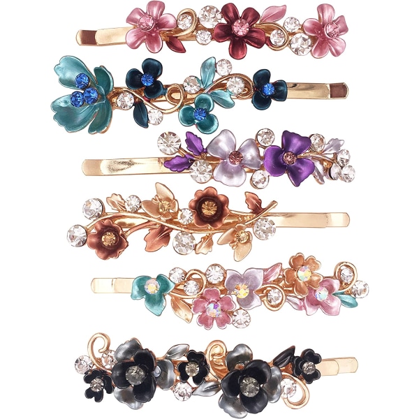 Set med 6 färgglada vintage design hårnålar med blommor - metall tillbehör för kvinnor flickor