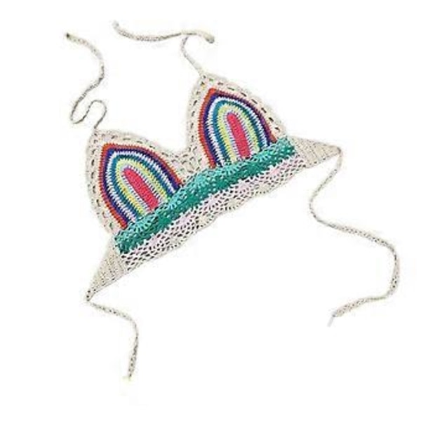Hæklet halterneck badedragtstop til kvinder, justerbar snor, dyb V-hals polstret hæklet croptop, justerbar rygbind, farverig hvid S (Farverig hvid S) Colorful white S