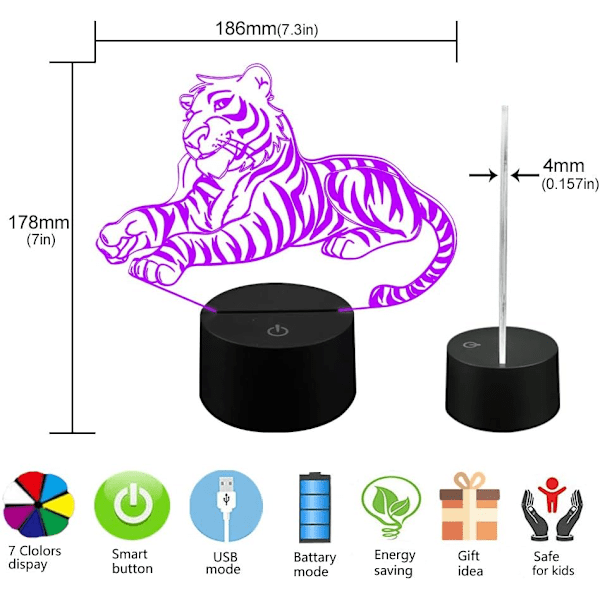 3D Lampe Tiger Natlampe Dekoration 16 Farver Skiftende Led Lys til