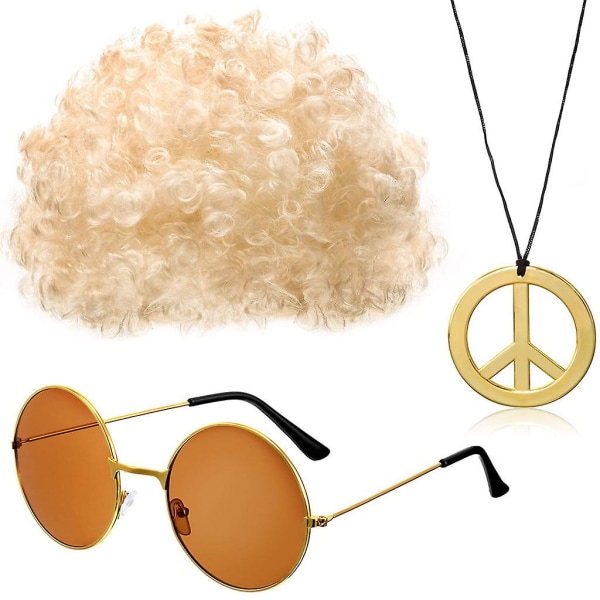 Disco och solglasögon Hippie- set för män inkluderar afrohalsband 50-/60-tal/70-tals temafest guld