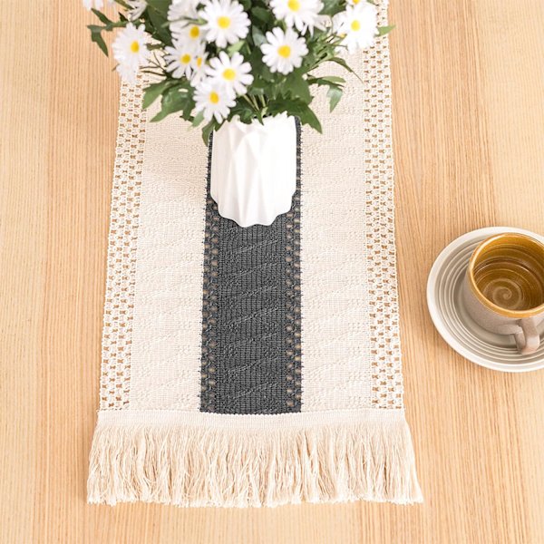 1 stk. 30 × 180 cm (grå) bomuldslinned bordløber, khaki boho krok