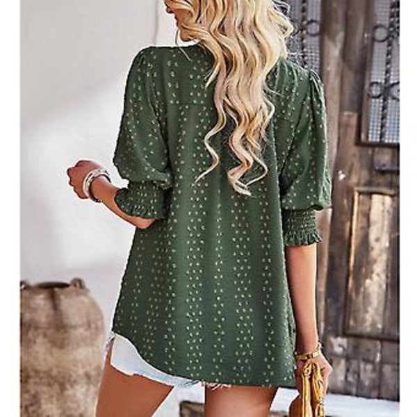Dame Halv Erme V-hals Topp Elegant Moderne Ensfarget Puff Erme Elastisk Rynket Mansjett Skjorte Bluse (LOD Grønn) OD Green L