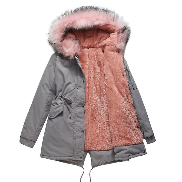 Parka kappa, medellång, med huva, vintervarm, plus fleece, bomullsfylld jacka, ytterkläder (M grårosa)