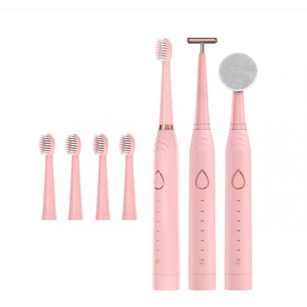 Electric Toothbrush With Multifunctional Vibrating Facial Cleansing Brush Usb Rechargeable Soft Bristle Pink