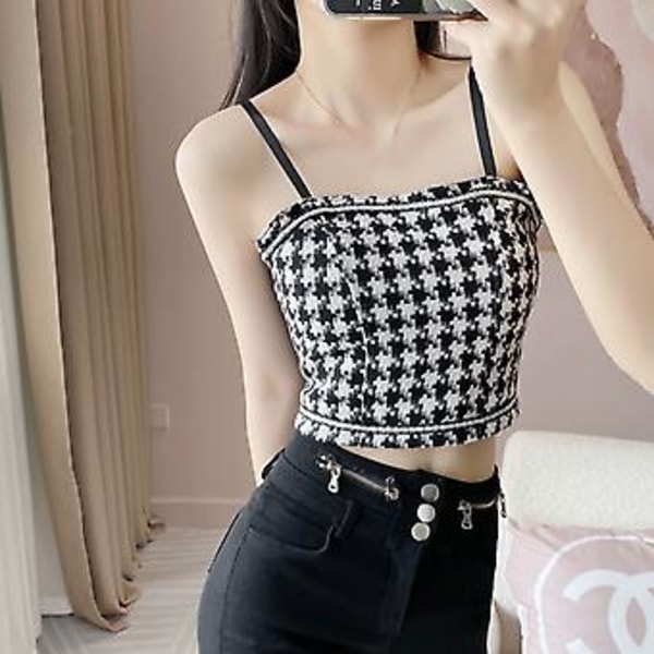 Houndstooth Slim Fit Linne Vadderad Spaghettiband Camisole Houndstooth Slim Fit Camisole för Kvinnor Flickor Svart Fri Storlek()