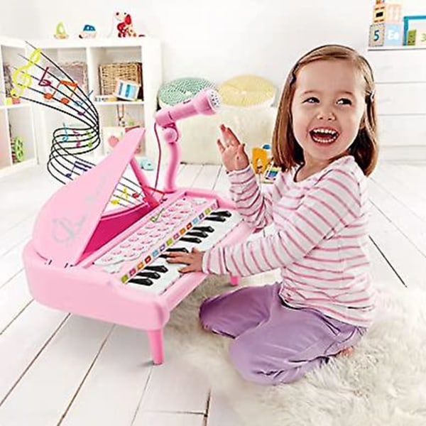 Barnpiano, Toddler Pink Piano, Baby Piano Keyboard, 24 tangenter elektroniskt leksakspiano för barn med mikrofon