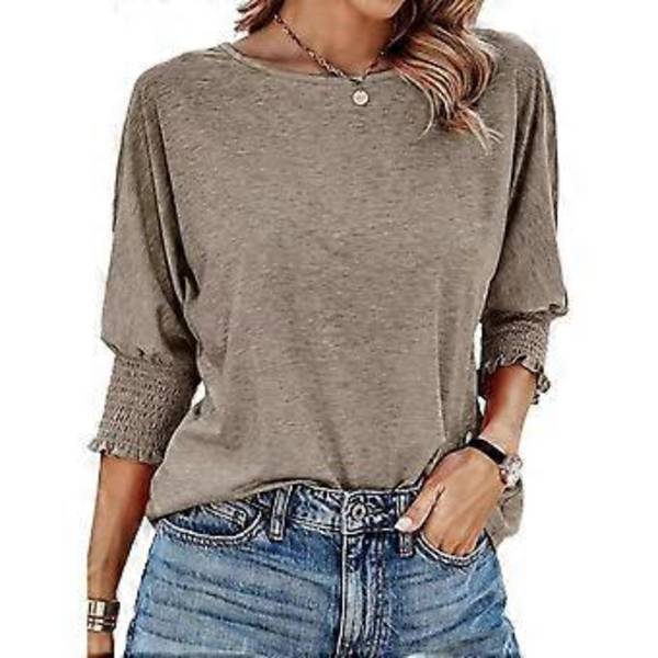 Naisten puserot 3/4 hihan pituinen pyöreä pääntie rento tunika toppeja peruspaita löysä istuvuus pusero harmaanruskea XXL Gray brown XXL