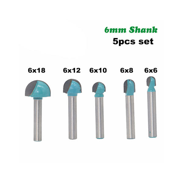 5 stk. 6mm skaft router core box bits CNC rund rillefræsning