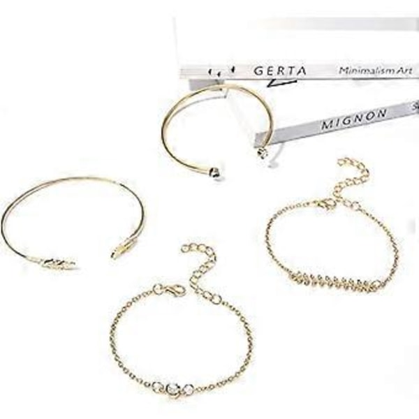 Set med 4 Boho kristallarmband med guldbladsmönster - justerbar handkedja för kvinnor och flickor