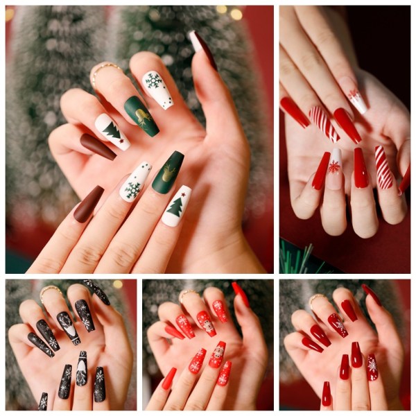 24 st jul falska naglar långa, röda Tryck på naglar med Snowfla