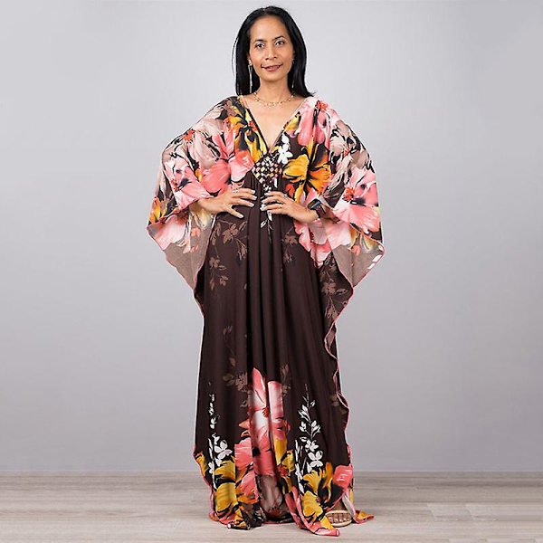 Kvinnors tryckta maxiklänning fladdermusärm strandklänning plus size solklänning strandkläder kaftan cover-ups Dn0506