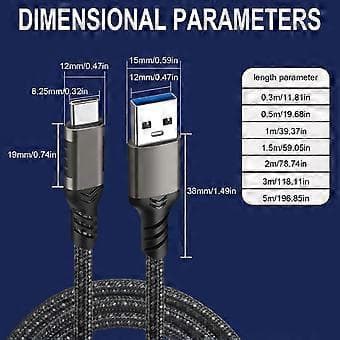 USB3.2 10Gbps Typ C-kabel USB A till Typ-C 3.2 Kabel Dataöverföring USB C SSD Hårddiskkabel 20V 3A PD 60W Snabbladdning 1m