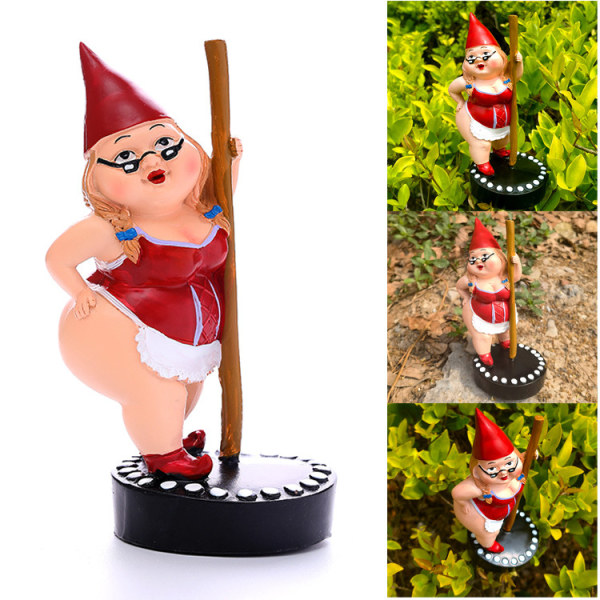 Stangdansende gnomstatue, hagestatuer i harpiks, morsom utendørs gnomfigur, stangdansende hagegnom, vårhagestatue, dansende dame gnomstatue (rød)