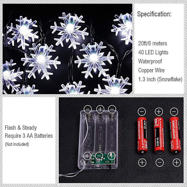 Led-valosarja Joulu Lumikide Valot Paristokäyttöinen Vedenpitävä 20ft, 40 Led-valot (lämmin valkoinen) Valkoinen