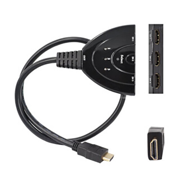 3-portars HDMI-switch med Pigtail-kabel kompatibel med Full HD 4K @30Hz Video 3 in 1 Out