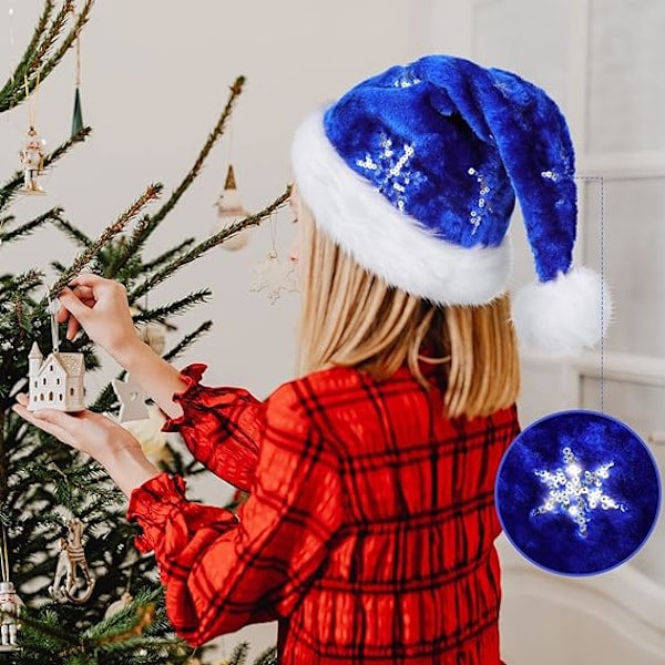 Blå silver vuxen julhatt, sammetsjulhatt med mjukt foder