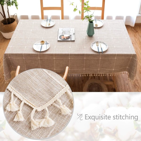 Rektangulär bomull linne duk enfärgad rutig broderi tofs