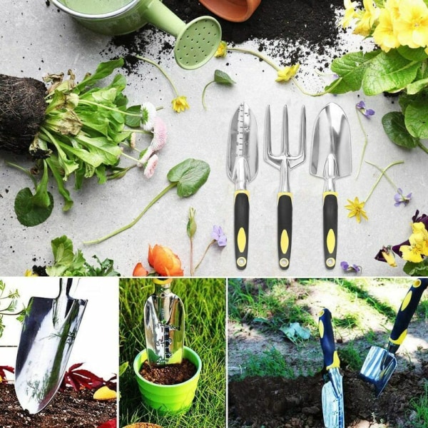 3-delt hagesett, hageutstyr for voksne, aluminium hageutstyr med ergonomisk håndtak, ideelt for luking, løsning, omplanting, poding