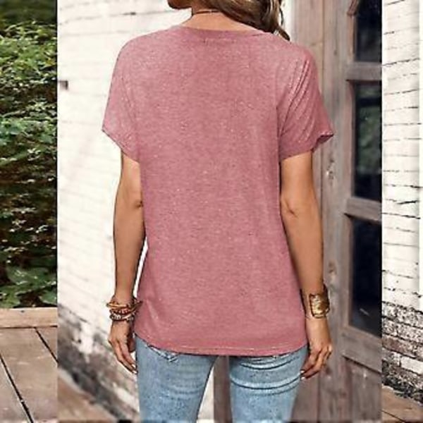 Dame O-hals Henley skjorte topp, avslappet ensfarget kortermet T-skjorte, løstsittende bluser mote sommer topper tees Khaki XXL(KhakiXXL) Khaki XXL