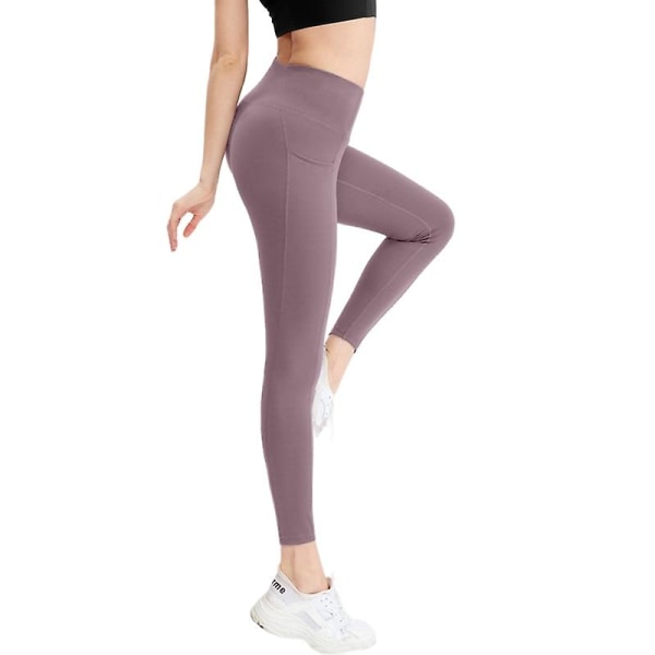 Kvinnors höga midja sidoficka tights sport leggings yogabyxor（6(M) lila）