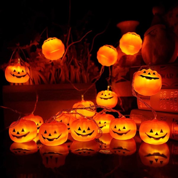Halloween-lyskjede, LED-gresskarlys, feriebelysning for utendørsdekor, 2 moduser med jevnt/flimrende lys (20 gresskarlys, 9,8 fot) (gresskar)
