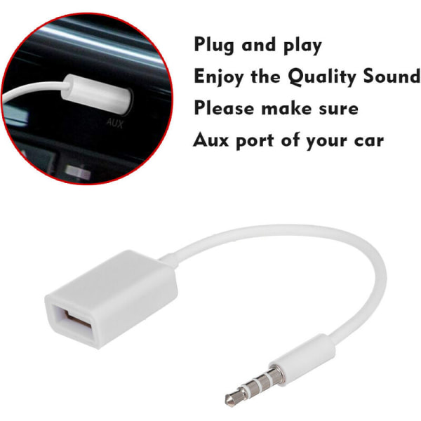 Vit USB Aux-ljudkabeladapter 3,5 mm hankontakt till 2,0 Fem