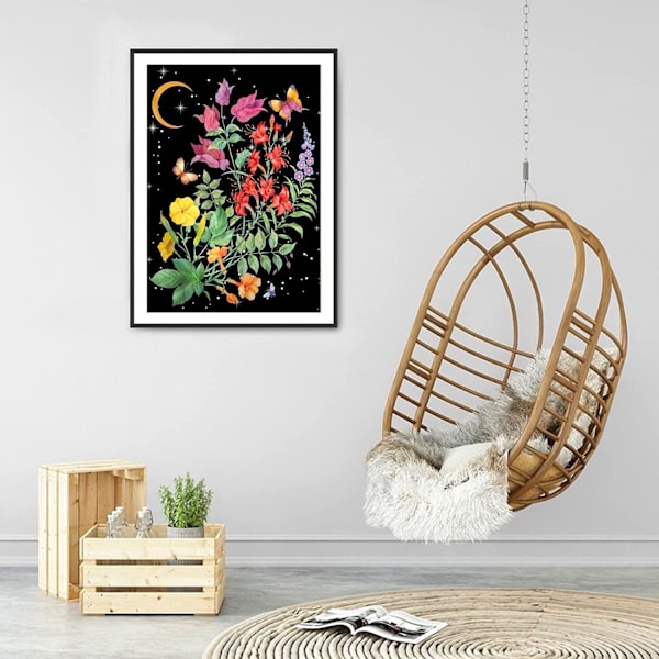 Diamantmaleri Kits til voksne 5D DIY plante diamantkunst maleri med runde diamanter fuld bore sommerfugl ædelsten kunst diamantmaleri sæt blomst og måne til vægindretning (12x16inch)