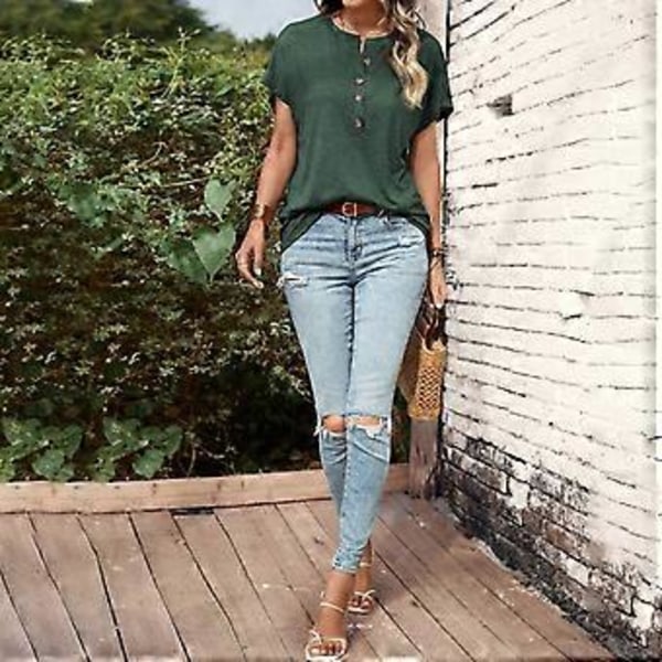 Dame O-hals Henley skjorte topp, avslappet ensfarget kortarmet T-skjorte, løstsittende bluser mote sommer topper tees grønn L(GreenL) Green L
