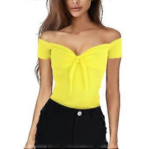 Dame Off Shoulder Topp Kort Erm Tie Front T-skjorte Bluse for Daglig Dating Shopping Reise (gul M) yellow M