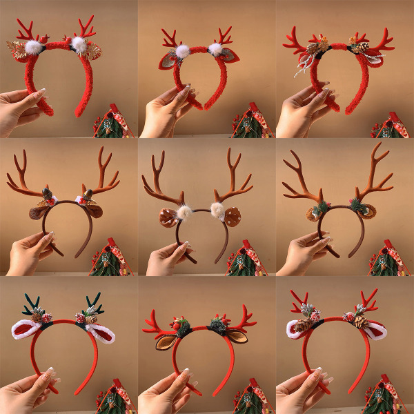 C-Christmas Antler Headbands Hair Clips with Artificial Flowers W